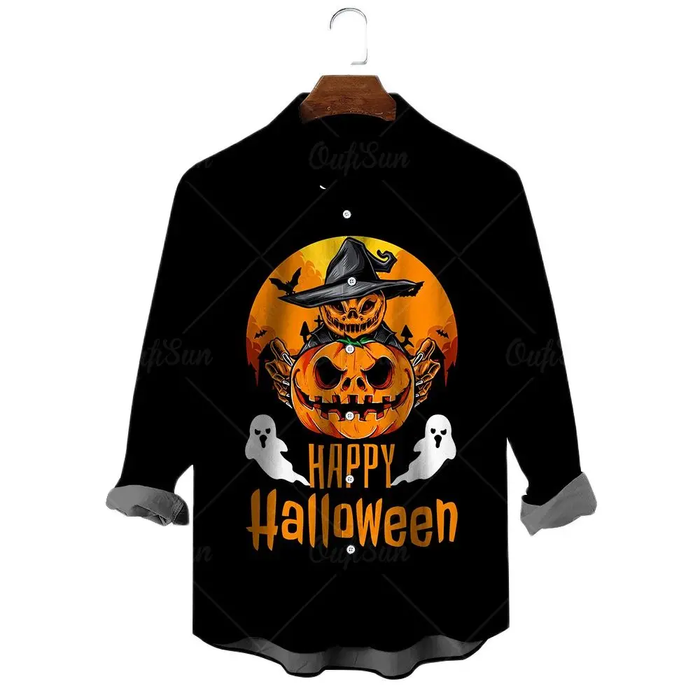 Autumn Black Shirts For Men Halloween Pumpkin Lantern Printed Long-sleeved T shirt Fashion Trend Lapel Shirt Unisex Leisure Tops