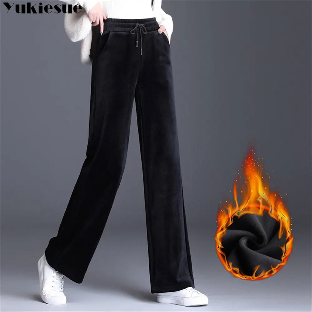 

Winter Velvet Thicken Warm High Waist LooseFashion Long Pants Women Wide legs Pants Double Sided Velour Straight Trousers Female