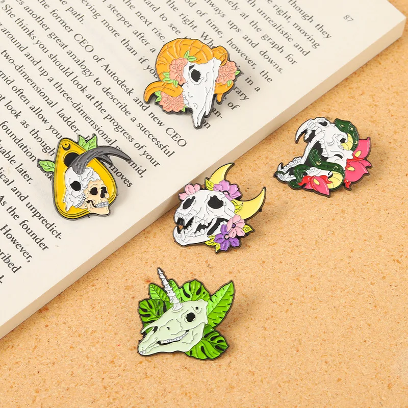 

Cute cartoon dragon head shark horse head animal head Lace Rose Green Leaf Enamel Pin Brooch animal decoration skull head mixed