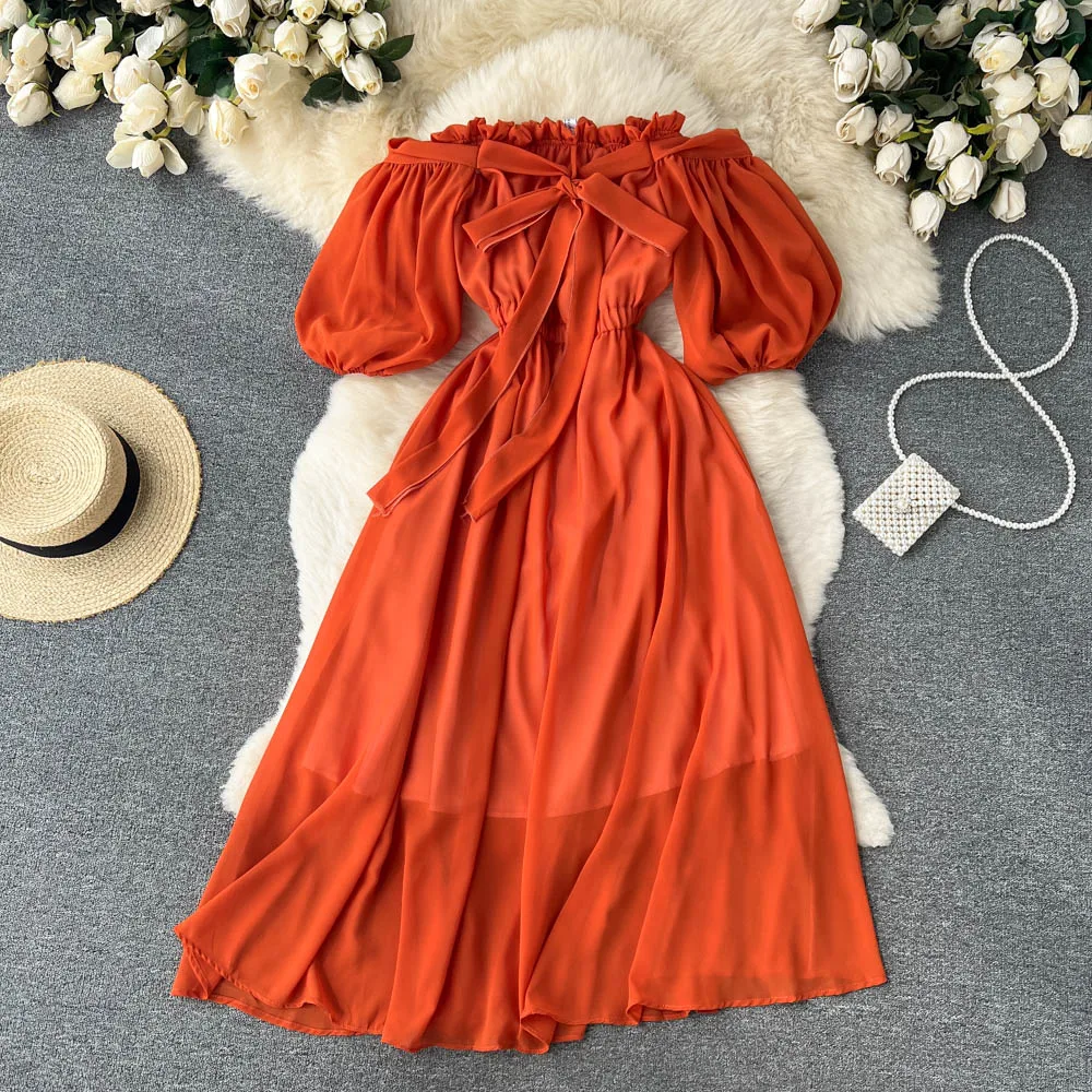 

Women New Fashion Summer Retro Slash Neck Short Sleeve Slim A-line Dress Elegant Solid Color Clothes Vestidos E899