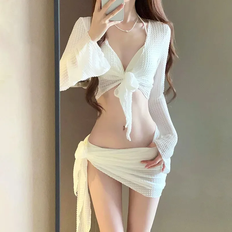2024 Женский Белый Комплект Бикини Свитер В Корейском Стиле Двухсекционный