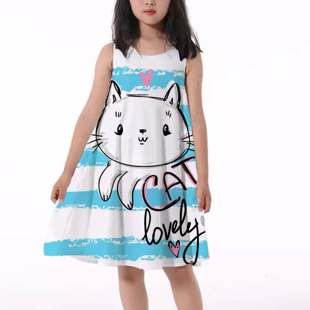 

2022 Summer Girls 3D Print Dresses Kids Girl Party Sleeveless Princess Dress Tank 3D Print Pretty Striped Meow Cat ​Dress