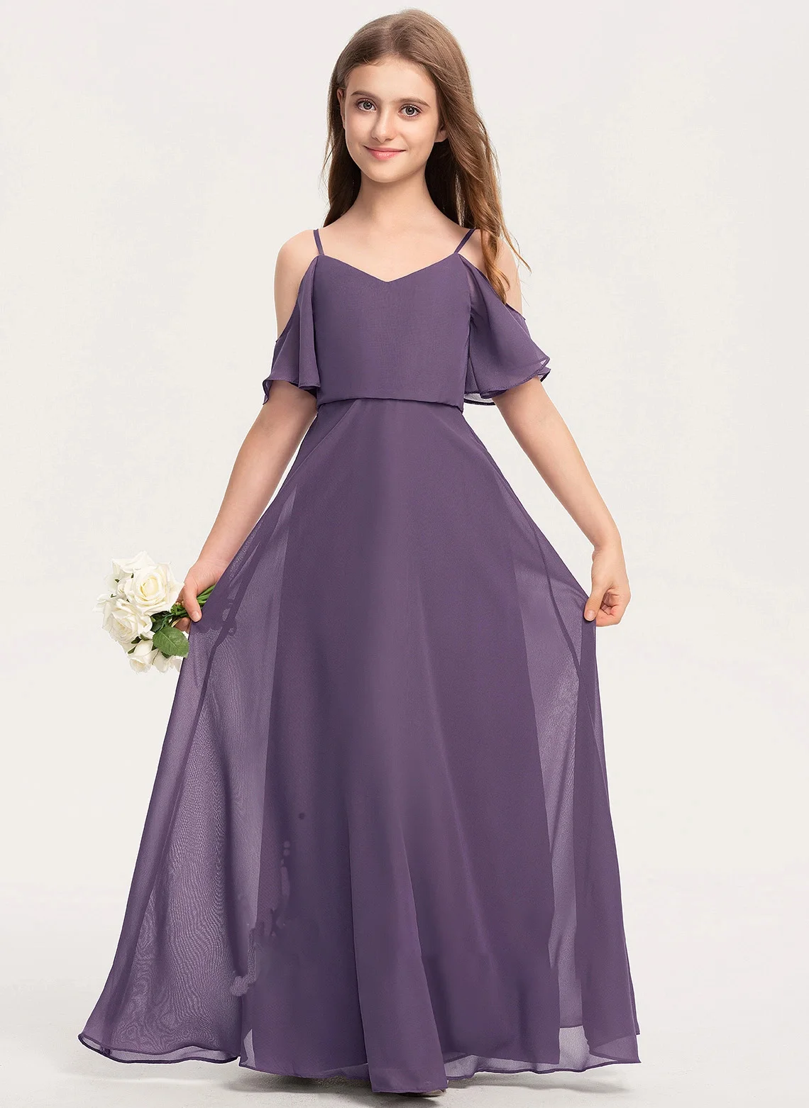

YZYmanualroom Junior Bridesmaid Dress A Line Cold Shoulder Floor Length Chiffon Pageant Evening Dresses