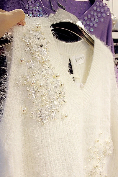 

Sleeveless Knit Pull Pearls Beading Floral Shiny Jumper White Korea Luxury Furry Back Tie Up Sweater Vest Femme Vadim