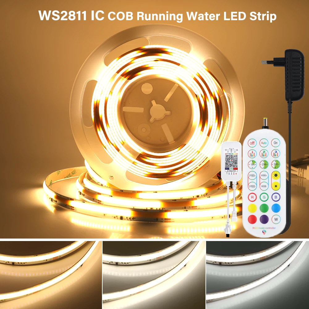 

WS2811 IC Flowing Water COB LED Strip Light 360 LED/m Flexible Warm White/White DC24V Dimmable Linear Light Bluetooth Control