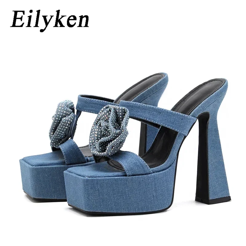 

Eilyken 2024 New Denim CRYSTAL Flower Women Slippers Slides Summer Design Fashion Peep Toe Square Heels Gladiator Sandals Shoes