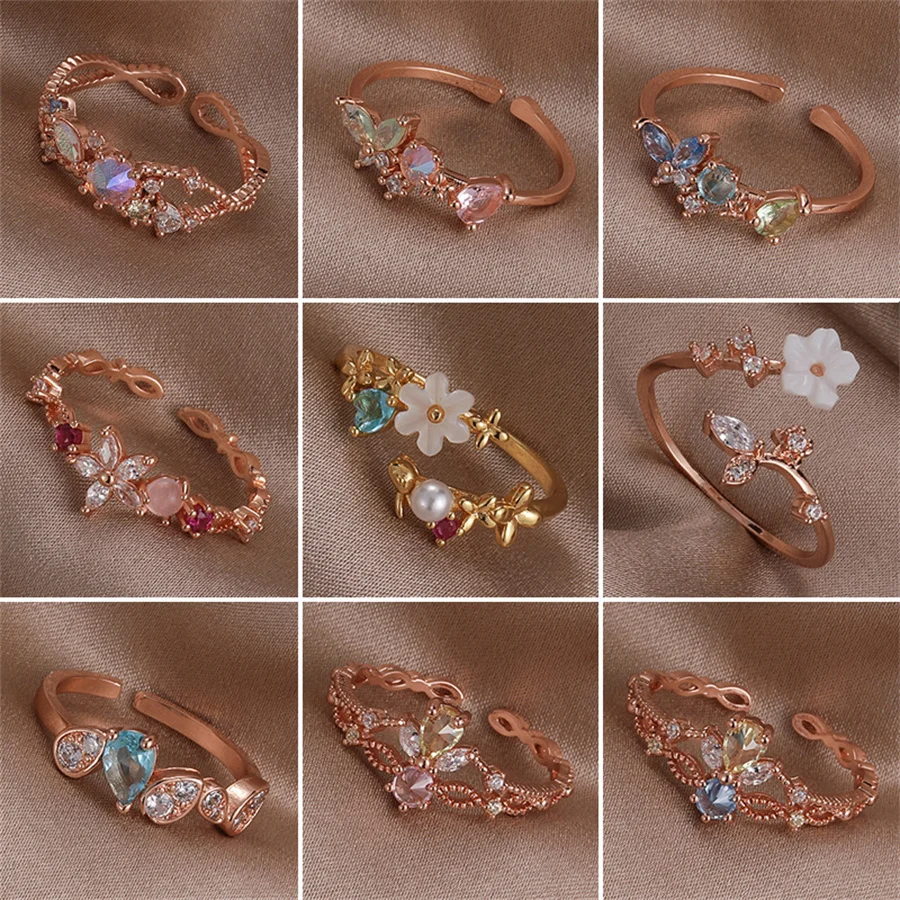 

Exquisite Crystal Zircon Shell Flower Rings For Women Fashion Temperament Sweet Versatile Butterfly Heart Opening Ring Jewelry