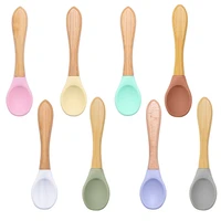 15 color feeding wooden handle silicone spoon baby utensils eat soild food kids training manipulative ability children tableware
