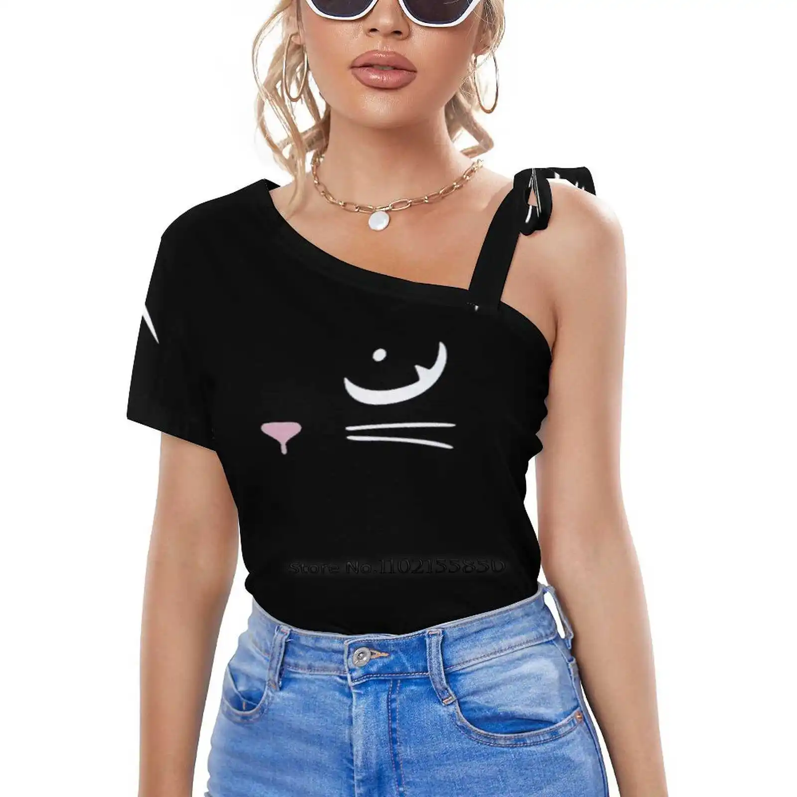 Футболка женская на молнии Повседневный пуловер с вырезами и черным котом