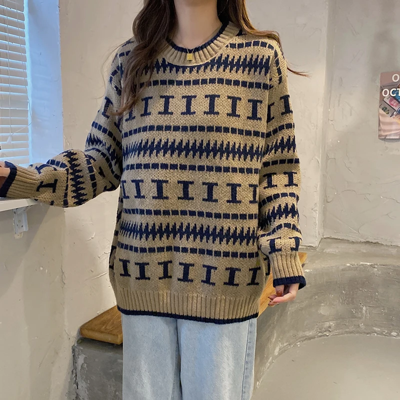 

ZELI 2022 Women Autumn Winter Newelegant Brown Knitted Pullovers Soft Warm Solid Cashmere Female Top Korean Striped Sweaters