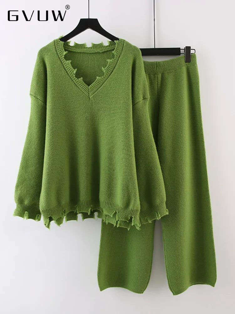 

GVUW Elegant Knitted Two-piece Set For Women V-neck Irregular Edge Long Sleeve Sweater Wide Leg Pants 2023 Autumn New 17G2230