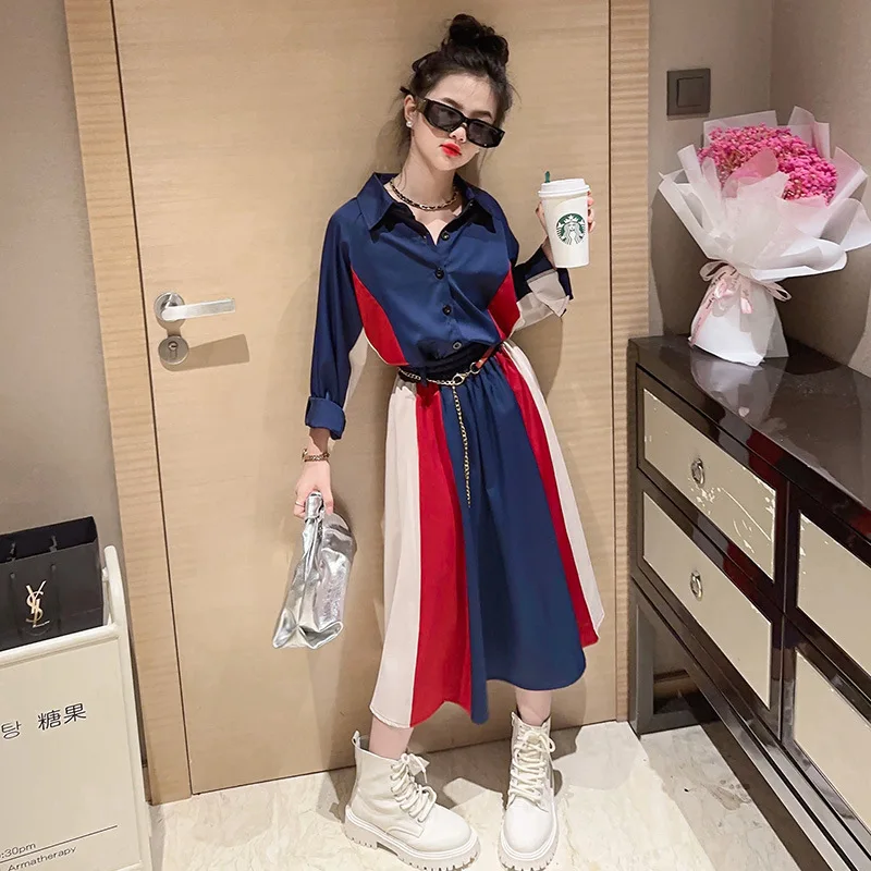 

Teenage Girl Autumn Dress Set Two Pieces Shirts Skirts Patchwork Fashion Kids Dresess 10 12 13 14 Years Old