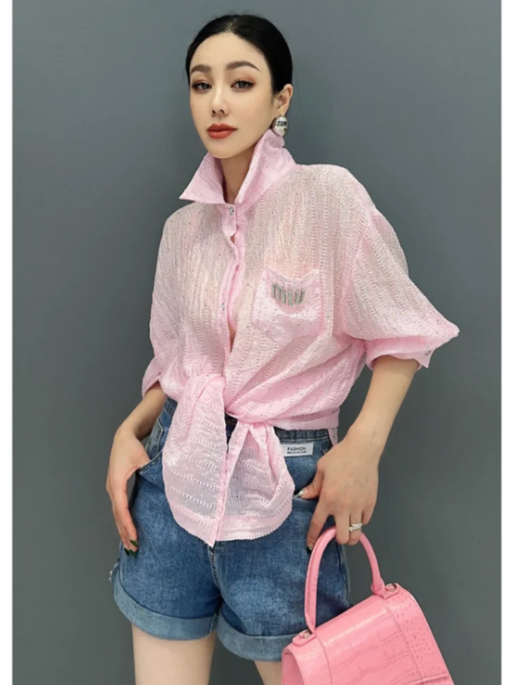 Женская рубашка с отложным воротником QING MO розовая Повседневная модная длинными