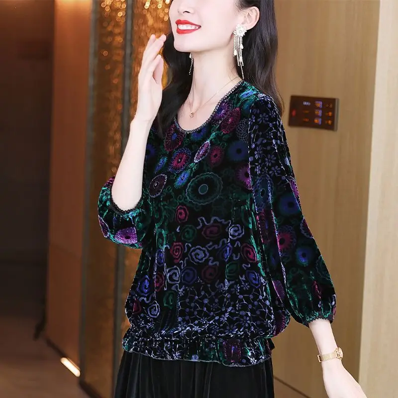 Женская бархатная футболка с круглым вырезом в стиле ретро