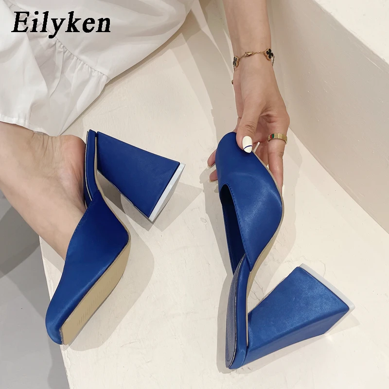 

Eilyken Silk Triangle Heels Pumps Women 2022 New Summer Sexy Street Woman Party Square Toe Dress Shoes Mules Blue