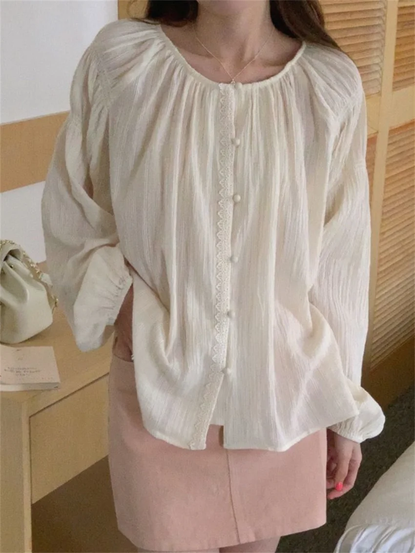 

Alien Kitty Apricot Lace Shirts Women Full Sleeve Elegant Work Wear Loose 2023 Gentle OL Daily Office Lady Slim Blusas