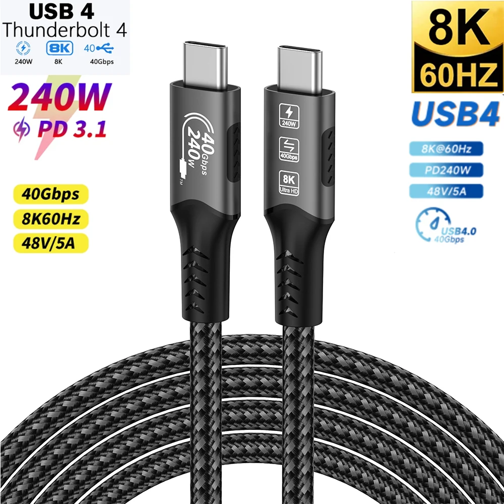 Cavo 8K Tipo C 40Gbps 240W PD3.1 QC4.0 60Hz USB4 standard per Samung Thunderbolt 4 Cavo di ricarica veloce Trasferimento dati da USB C a C