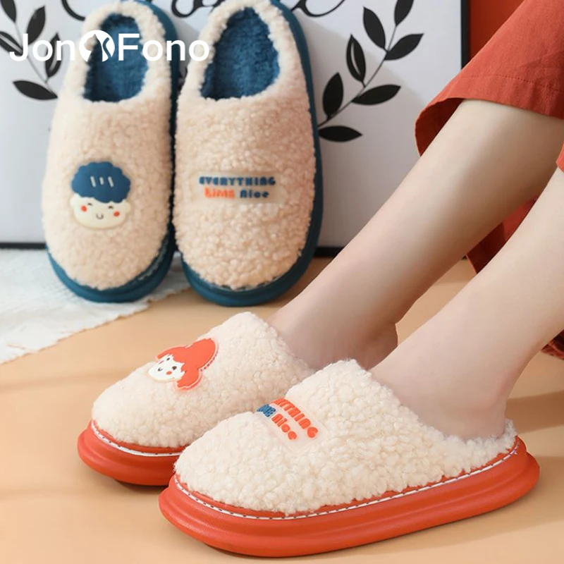 

Плюшевые женские тапочки JonoFono, домашняя теплая обувь на толстой подошве для мужчин, Мультяшные милые плюшевые мягкие Нескользящие женские ...
