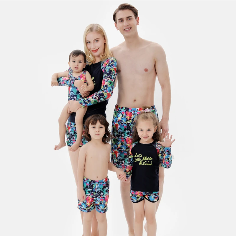 Patchwork Print Family Matching Swimsuit New Summer Long Sleeve Women Slim 2 Pieces Surf Suit Brazilian Bathing Suit Swim Trunks