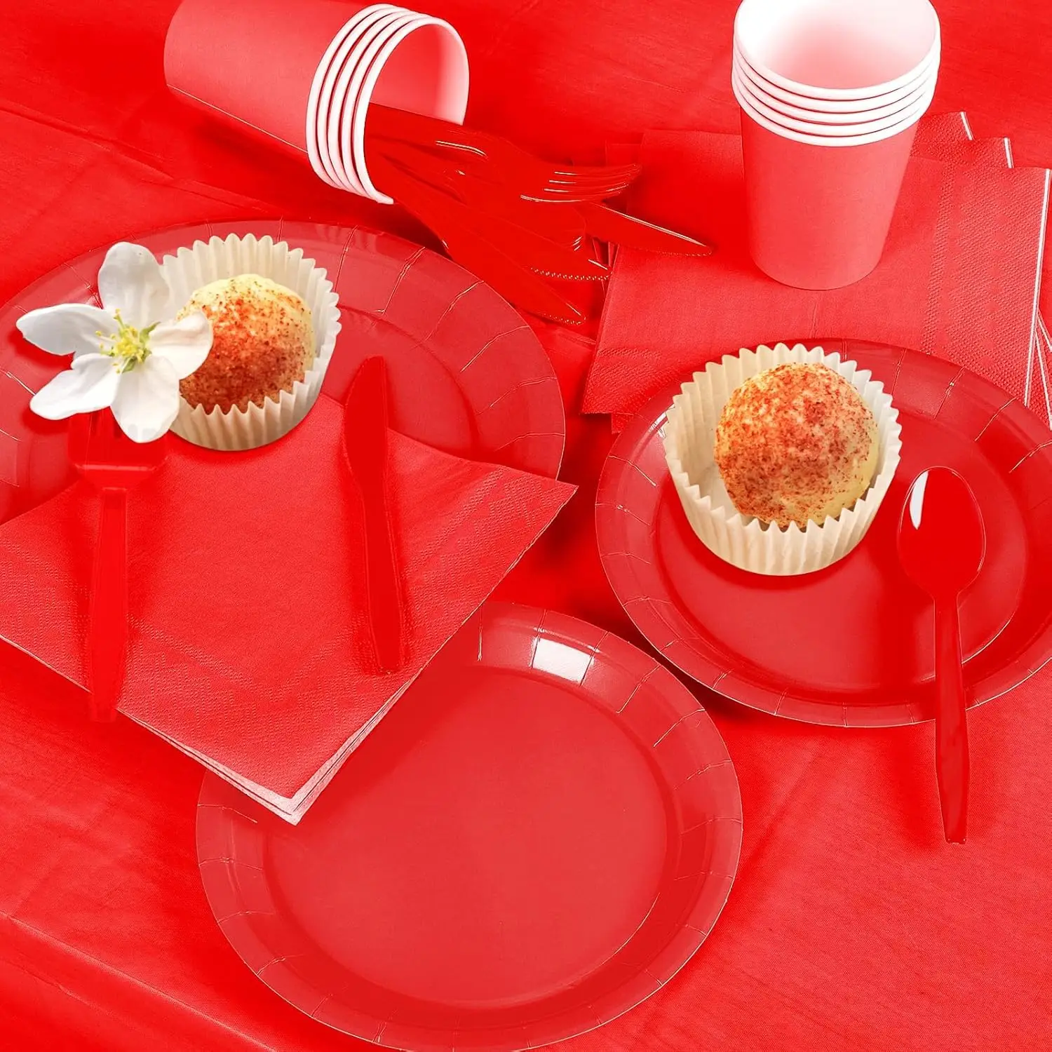 Фото Solid Red Theme Birthday Party Supplies Disposable Dinnerware Paper Napkin Cup Plate Tablecloth Banner for Wedding Decoration №5