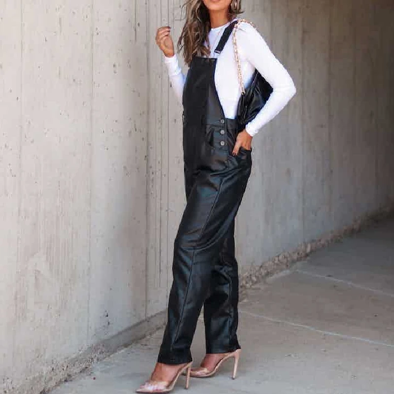 Women Leather Bib Overalls Loose Casual Sleeveless Cargo Straight Leg Jumpsuit Romper with Pockets Fashion Streetwear