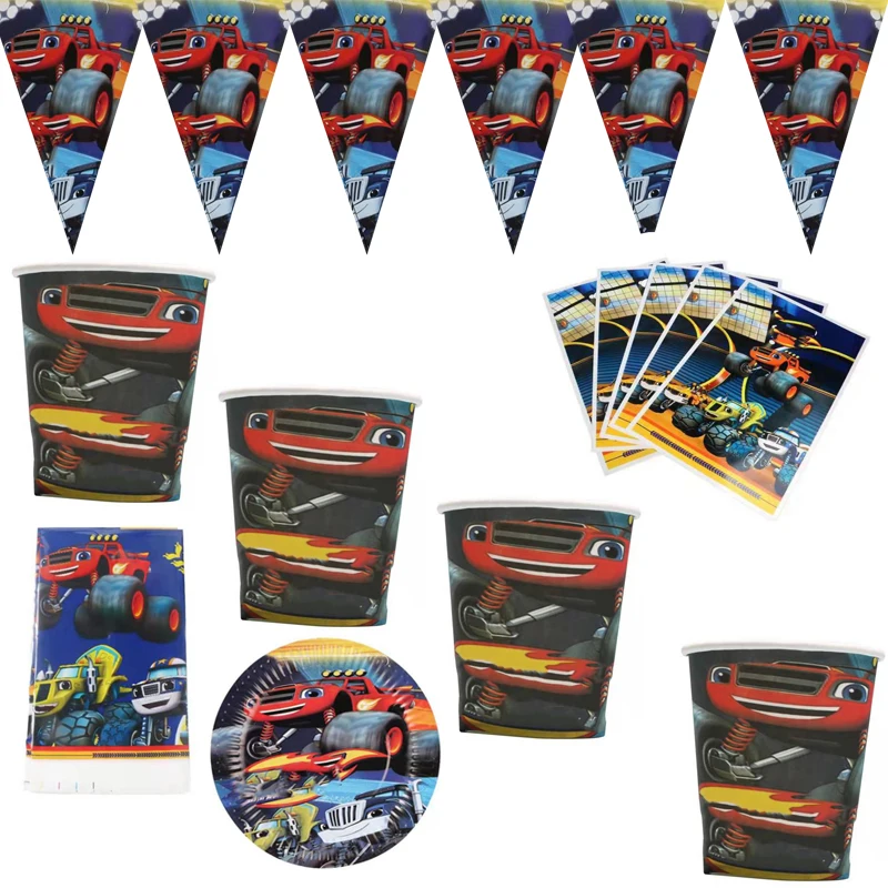 

82Pcs/lot Happy Birthday Party Blaze Monster Machines Plates Boys Favors Cups Gifts Bags Tablecloth Baby Shower Decorate Banner