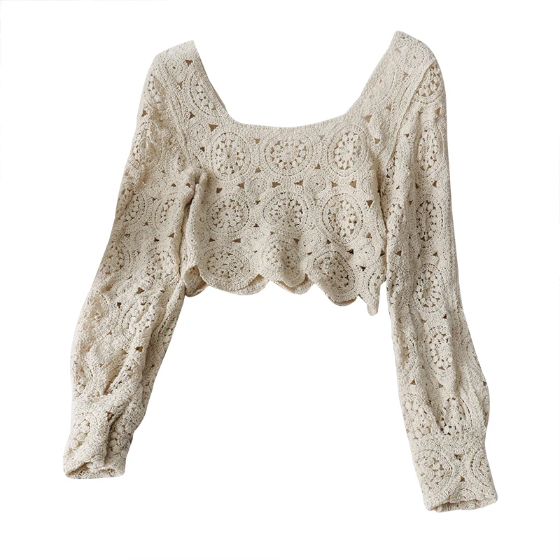 

Woman Skinny Knitting Shirt Puff Long Sleeve Square Collar Hollow Out Women Tops 2021 Vintage See Through Lady Sexy Short Blouse
