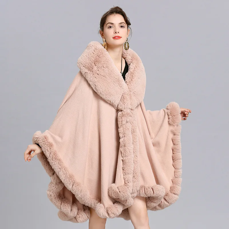 Outerwear, women's cape, shawl, loose faux fur collar, knitted cardigan, shawl cape