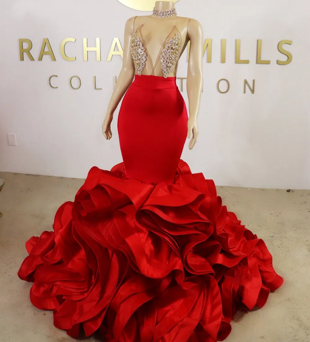 

Sexy Red Prom Dresses 2022 Elegant Mermaid Ruffles Crystals African Black Girl Backless Evening Party Gowns Robe De Soiree