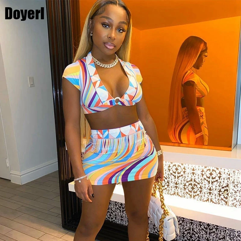 

Комплект из двух предметов с принтом, женское летнее платье, сексуальные костюмы из 2 предметов с укороченным топом и мини-юбкой, Клубные нар...