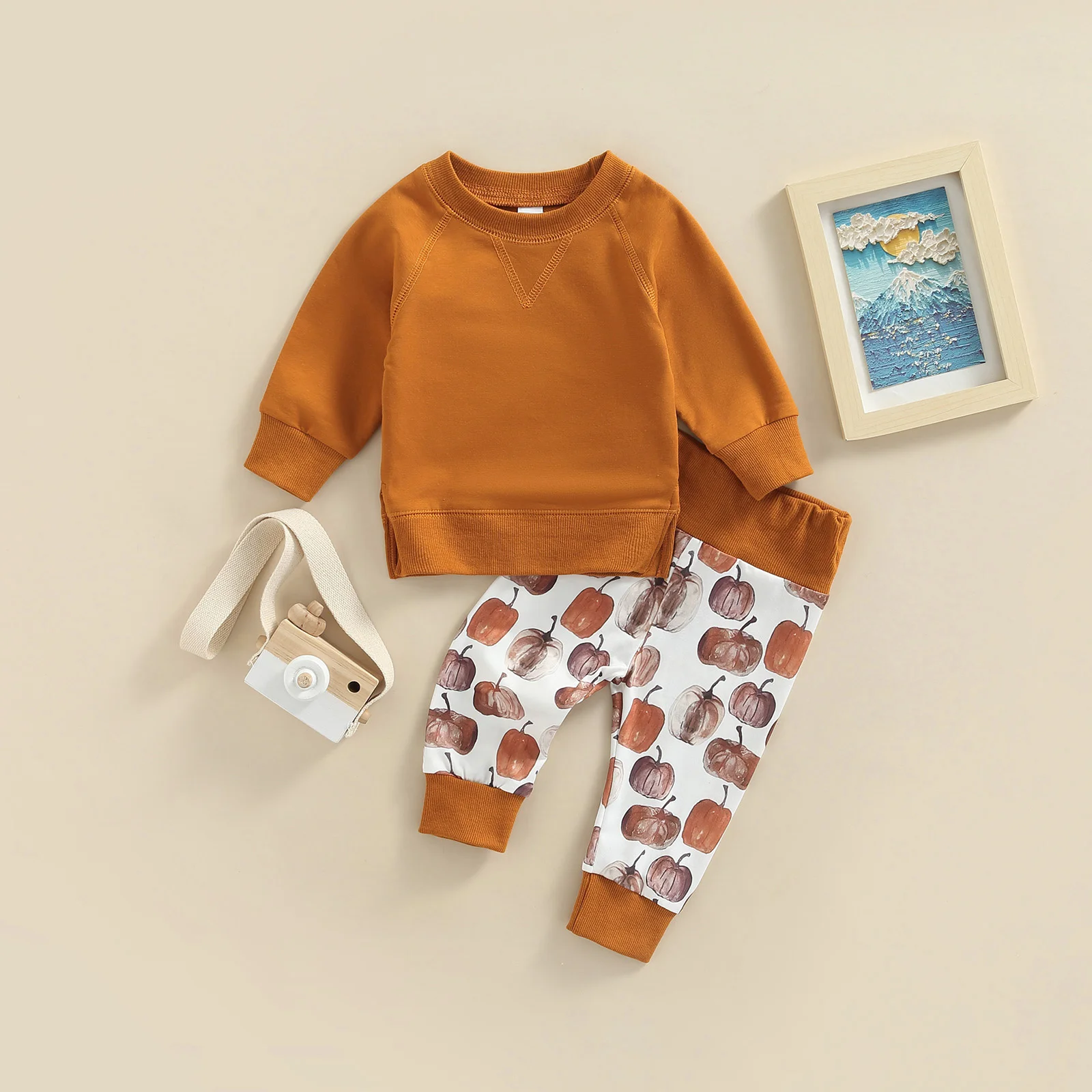 

Full Sleeve Halloween Toddler T-shirt and Trousers Set Fashion Solid Color Long Sleeve Tops and Pumpkin Print Long Pants