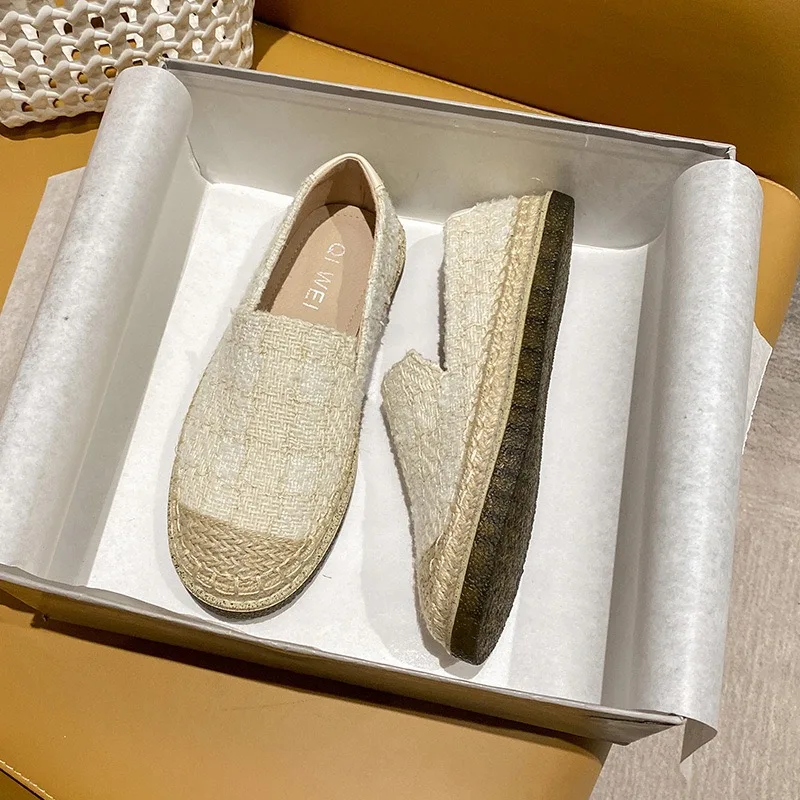 2022 New Loafer Shoes Women's Flat Bottom Sneakers Fisherman's Shoes For Women Linen Straw Woven Summer Spring Thick Bottom Shoe