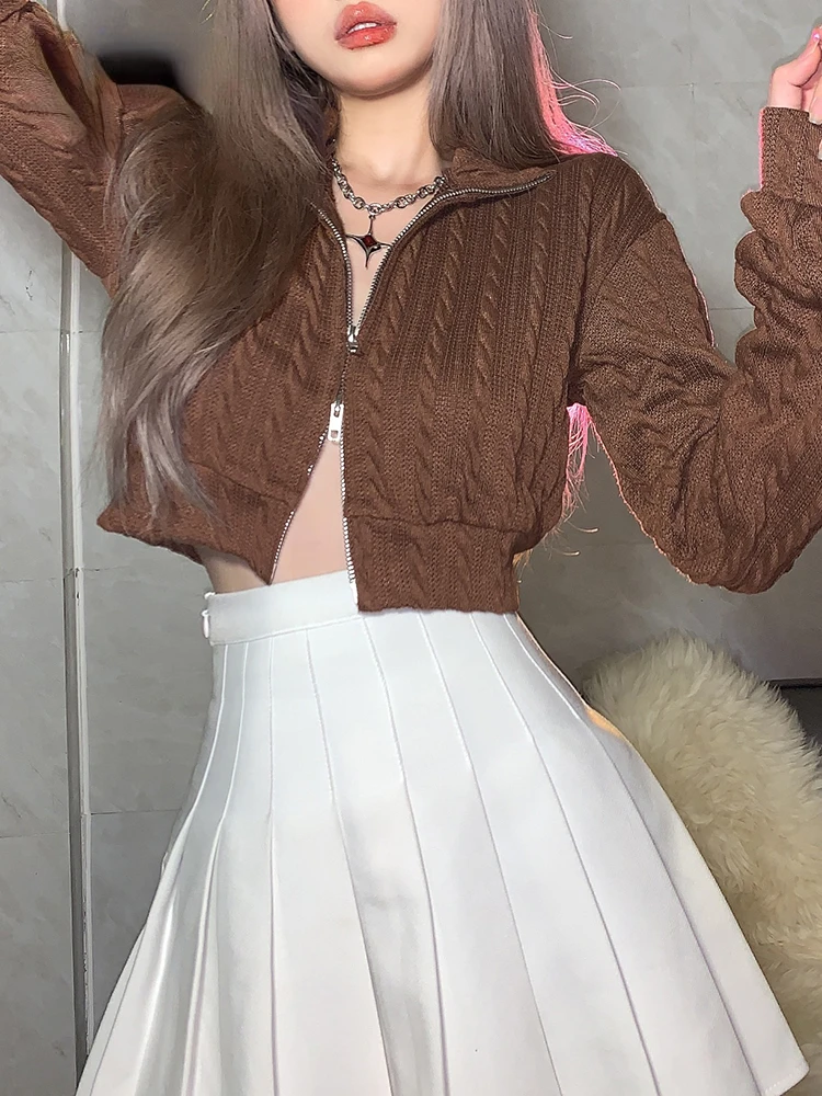 

2022 Early Winter New Product Retro Sexy Warm Stand-Up Collar Dog Tooth Stitch Pattern Long-Sleeved Zipper Sweater