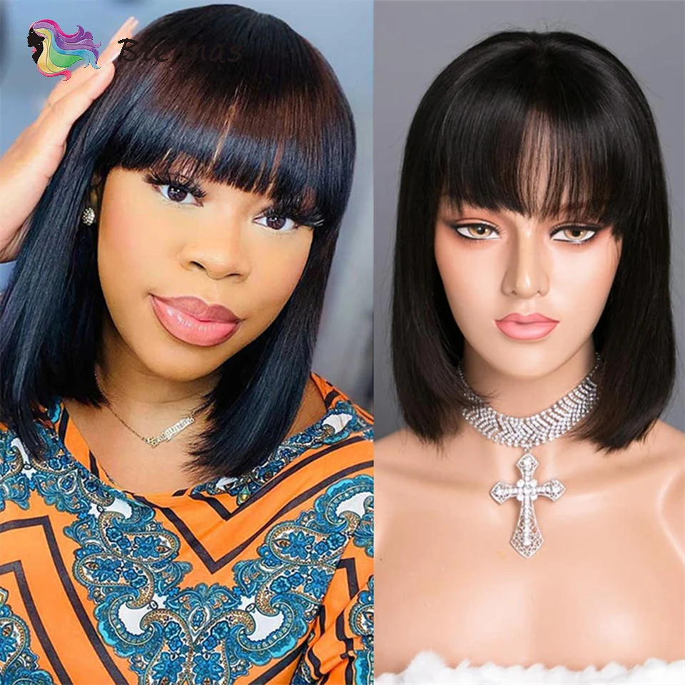 Human Hair Short Bob Wig With Bangs For Black Women Natural Color Full Machine Made Wig Peruvian Straight Remy Hair Glueless Wig