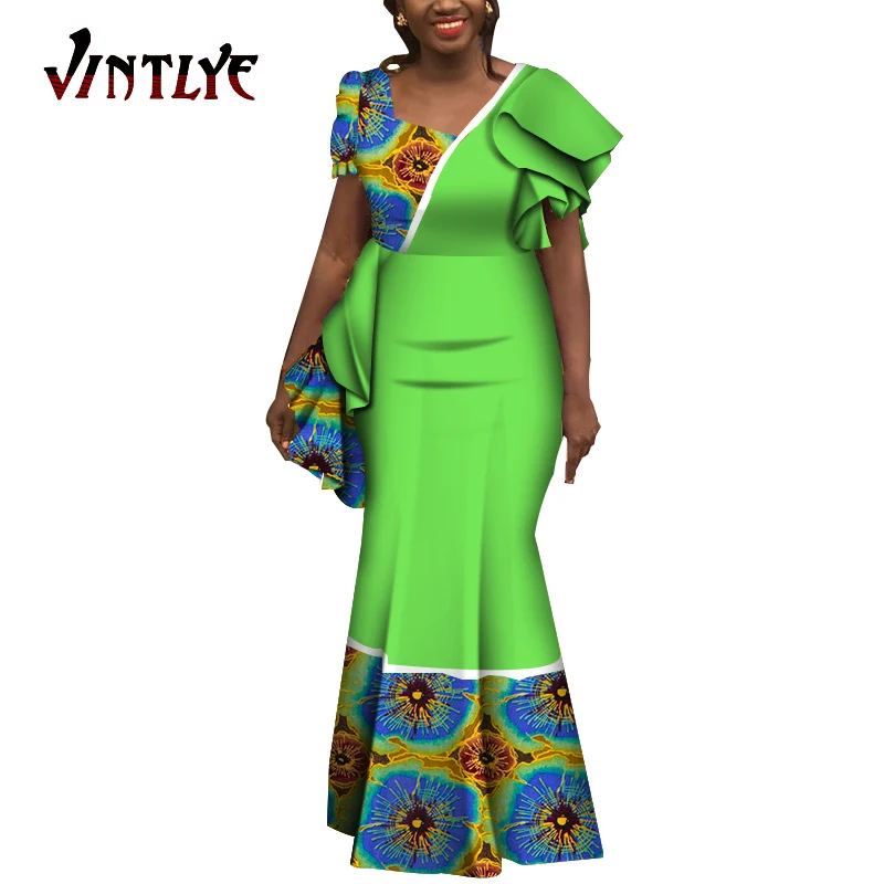 African Print Dresses Lady Dashiki Party Outfits Traditional Floral Printed Clothes for Women Boat Neck Long Dresses Robe WY5375