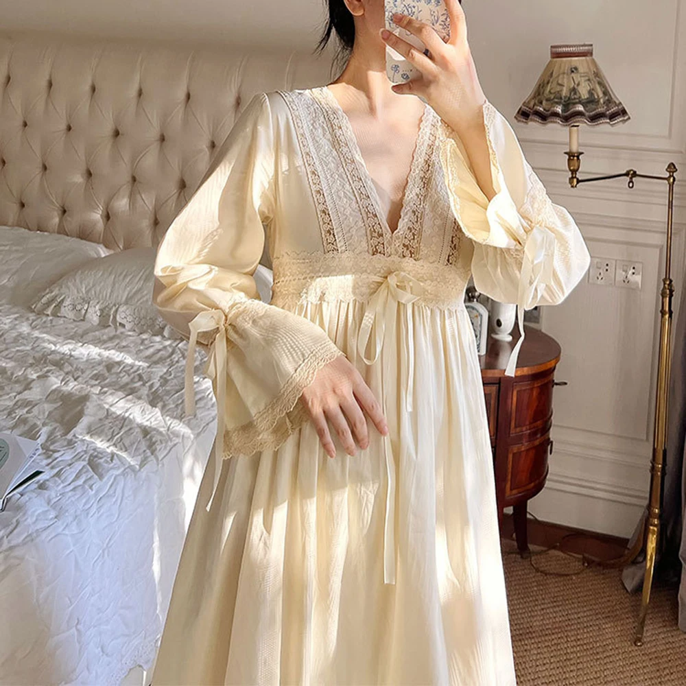 Women Jacquard Vintage Princess Elegant V-neck Nightgown For Spring Autumn Sweet Palace Beautiful Long Sleeve Cotton Nightdress