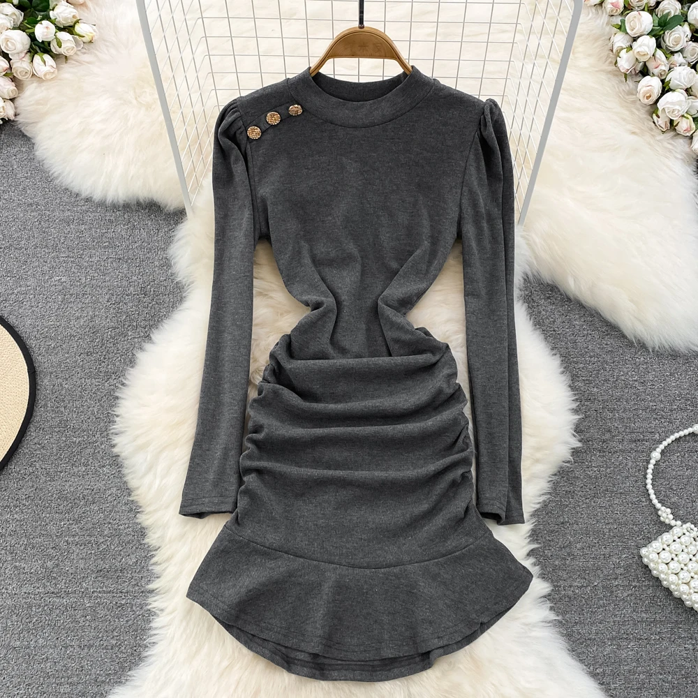 

Autumn 2022 New Korean Version of the Vertical Collar Bubble Long-sleeved Waist Slim A-word Ruffled Fish Tail Buns Dress