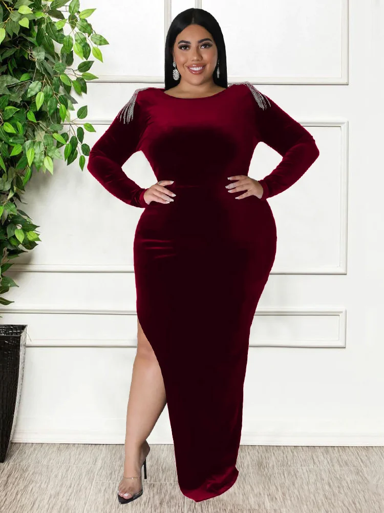 Plus Size Women Party Dresses Velvet Hollow Out Sexy Tassel Shoulder Elegant Evening Maxi Dress Wholes 3xl 4xl 5xl 6xl