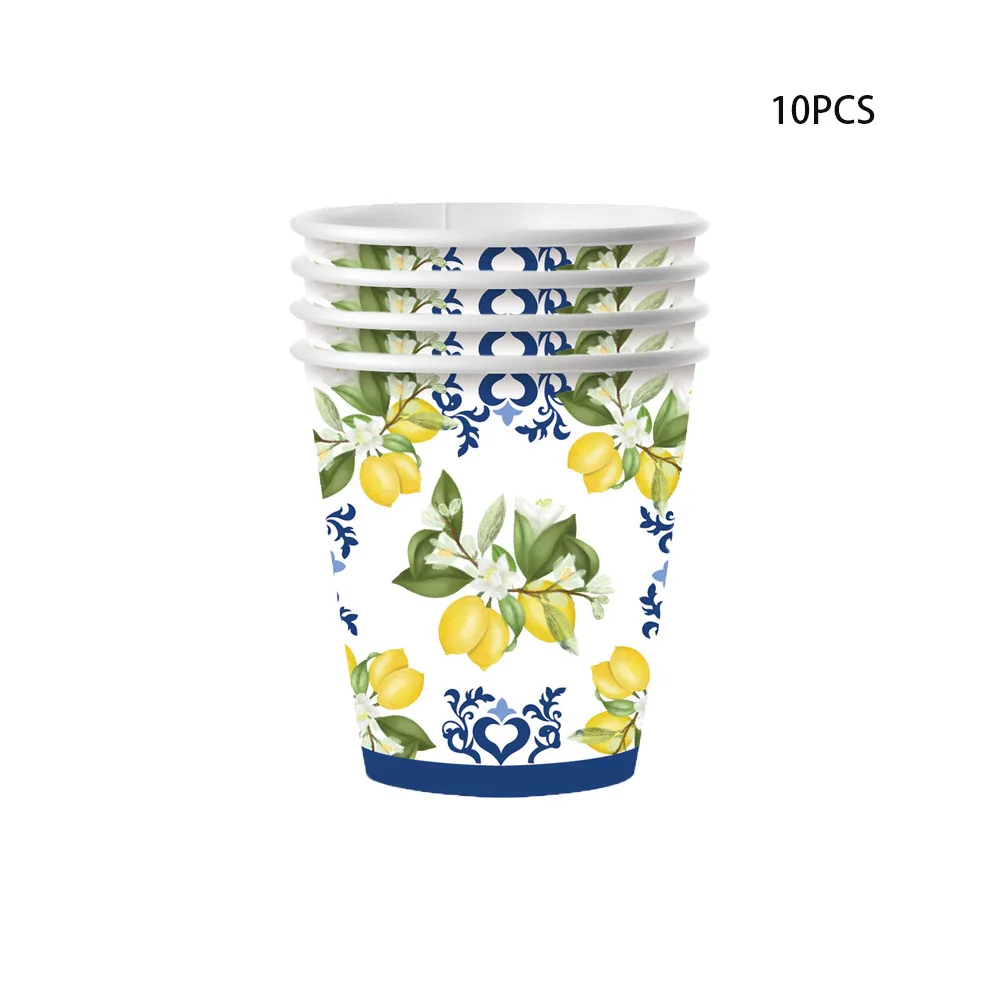 Одноразовая сине-белая посуда с лимонами карточки посуда