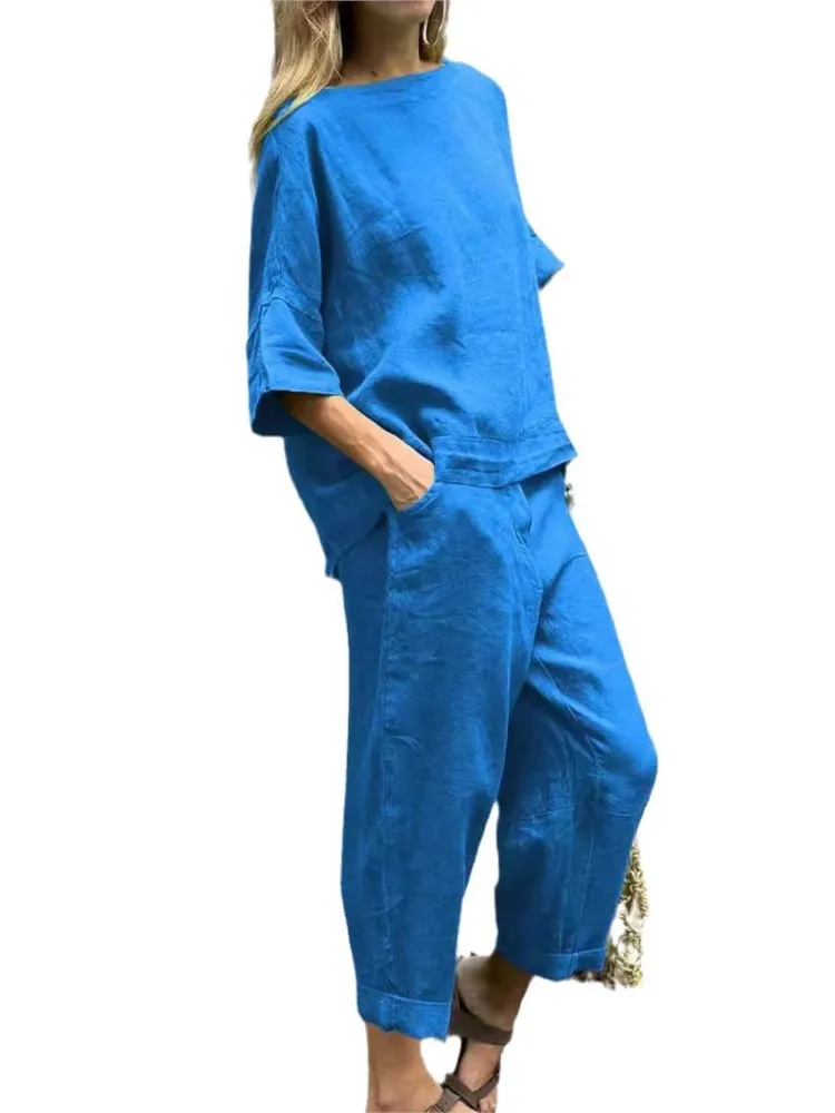 Женский однотонный костюм из хлопка и льна