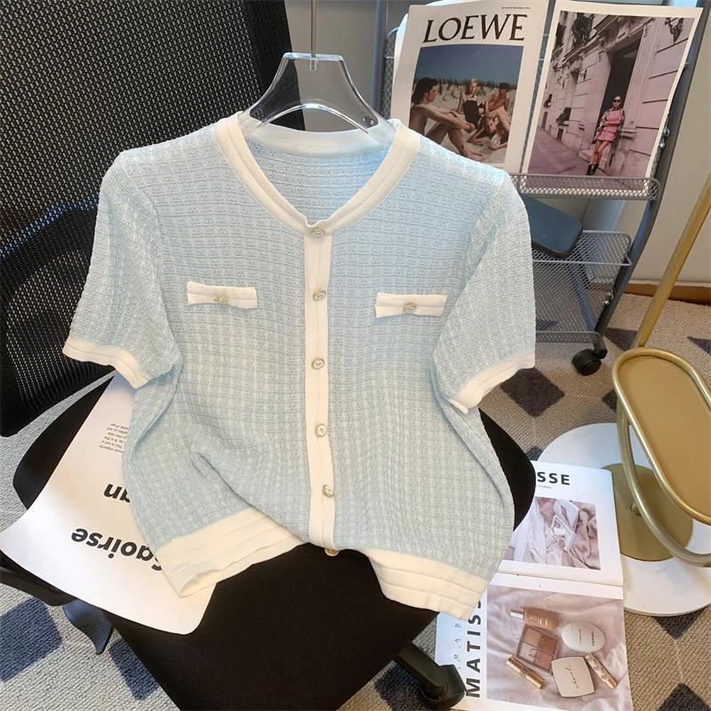 

Женский трикотажный пуловер в клетку и полоску, винтажный однобортный свитер с коротким рукавом, трикотажный топ, джемпер для лета