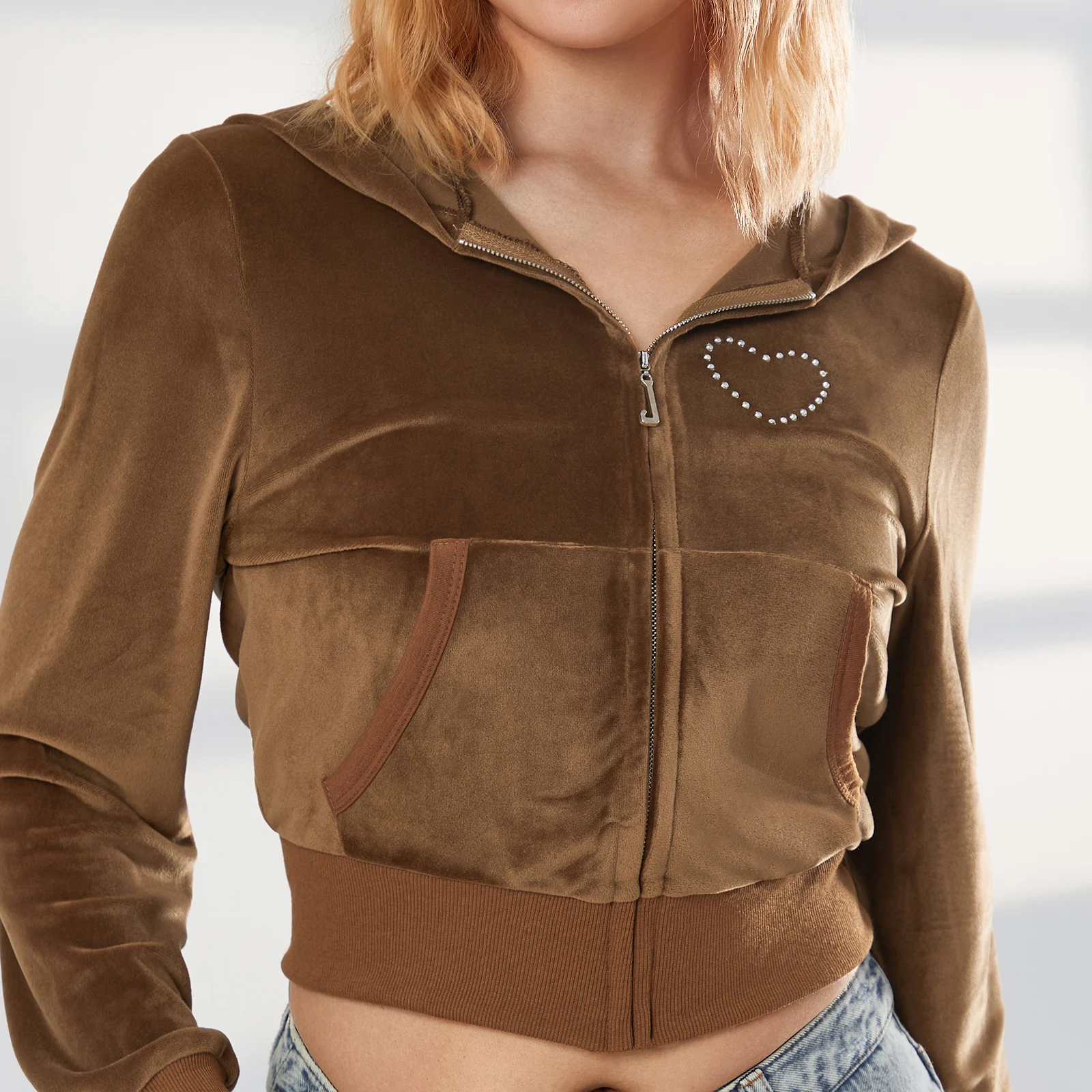 

Women Fall Spring Hooded Coat Long Sleeve Zipper Heart Side Pockets Street Casual Jacket Loose Short Velvet Outwear Tops