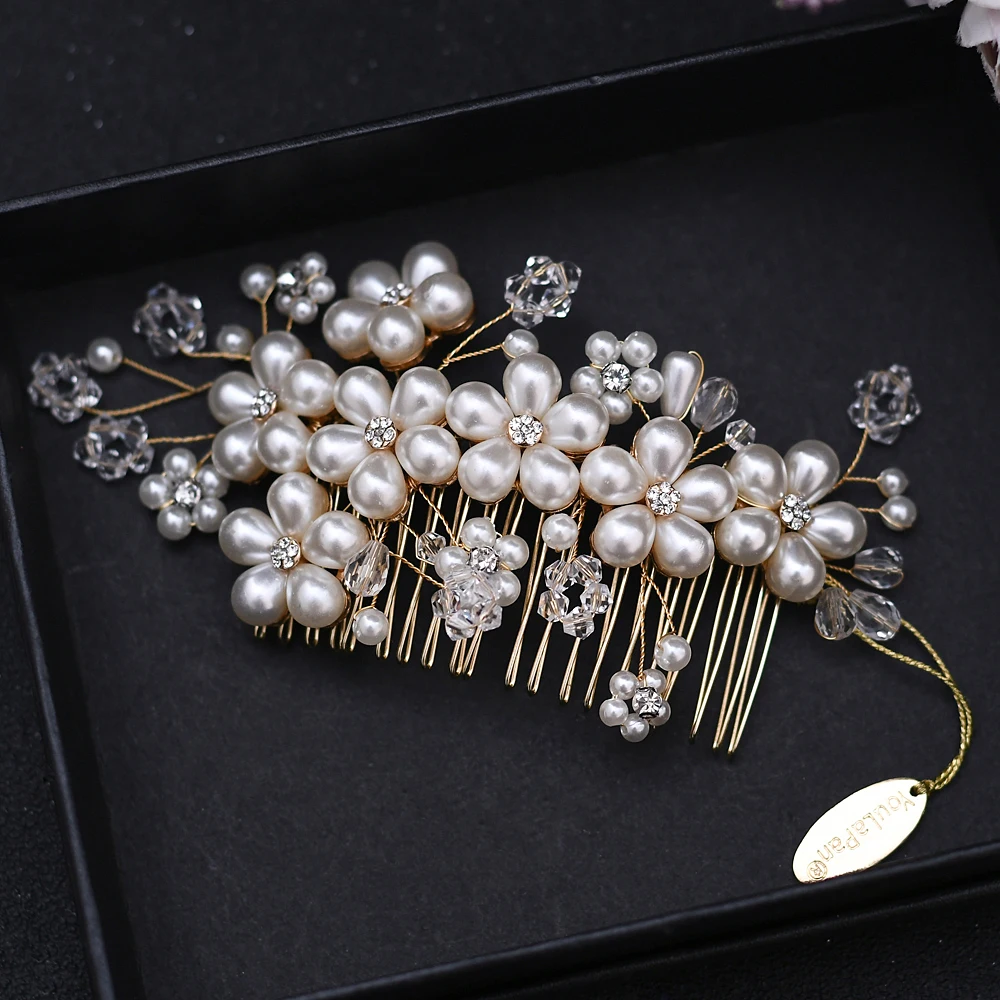 

TRiXY Brand Combs For Hair Pearl Flower Headpiece Accessories Women Wedding Headdress Ladies Elegant Head Jewel Gold/Silver Comb