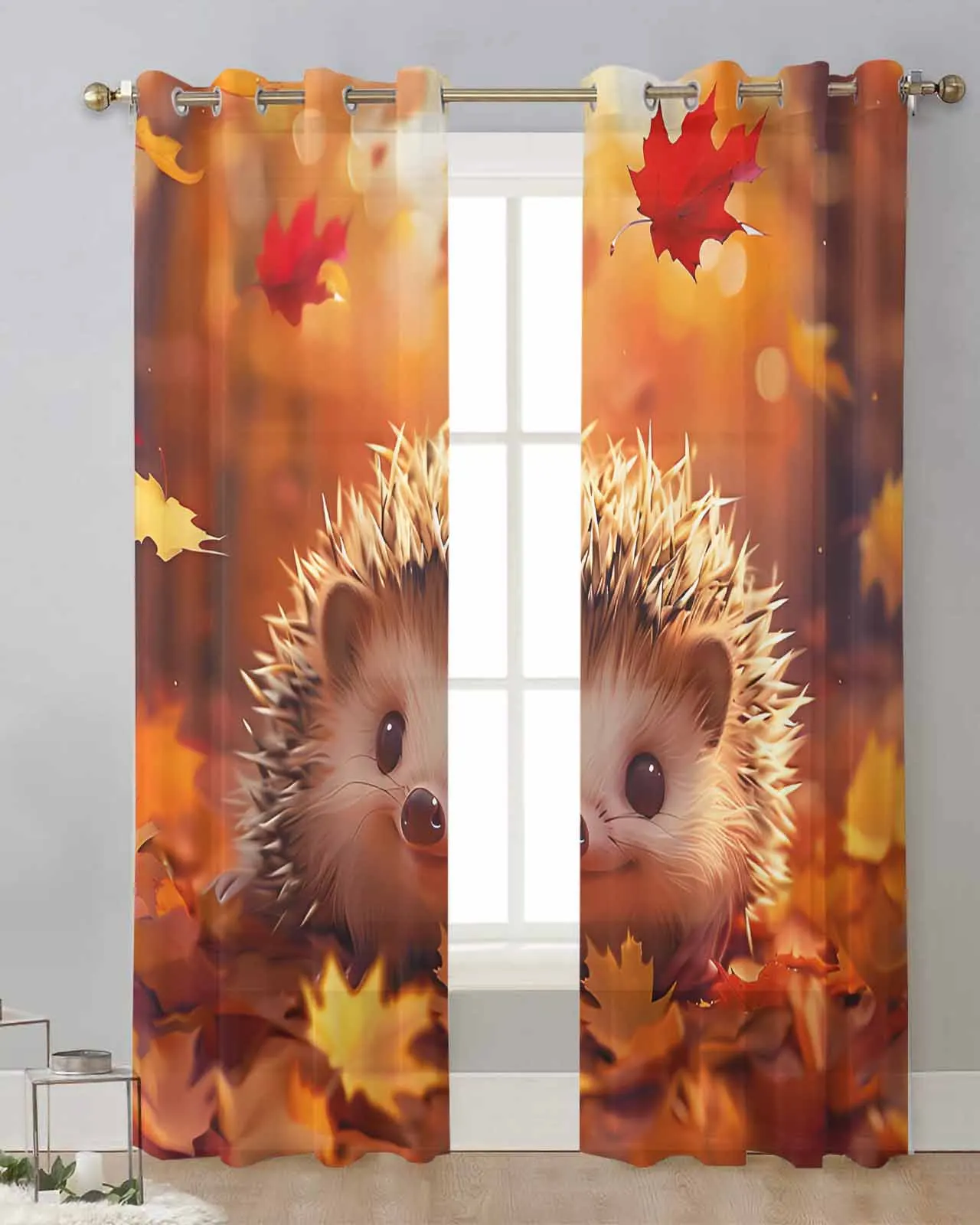 Осенние занавески с изображением кленового леса и Ежика для спальни окон тюлевые