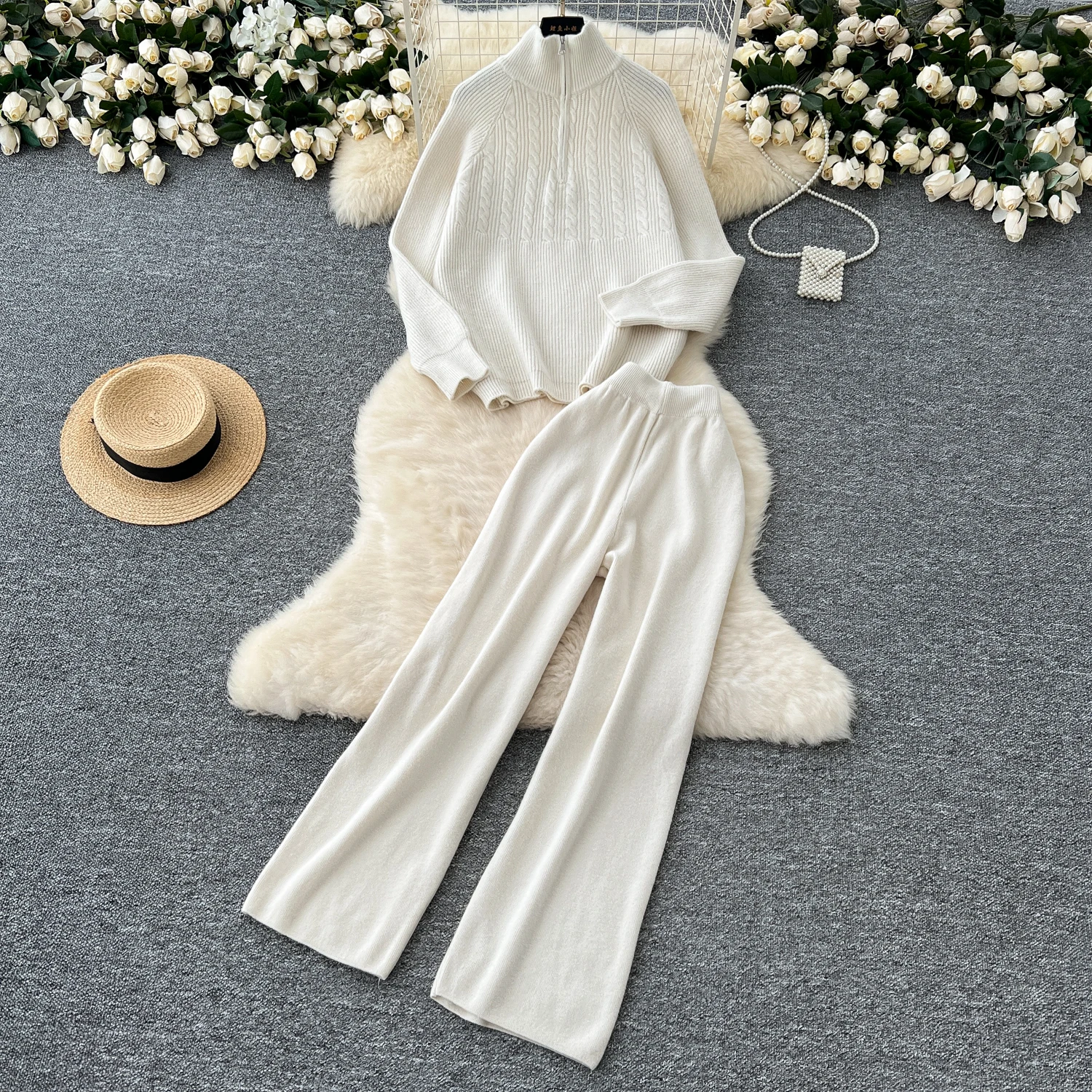 Женский трикотажный брючный костюм Повседневный свитер на молнии с