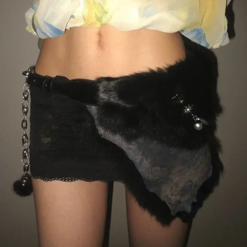 Черный пояс из кроличьего меха Y2K с жемчужной цепочкой пушистый мех сексуальные