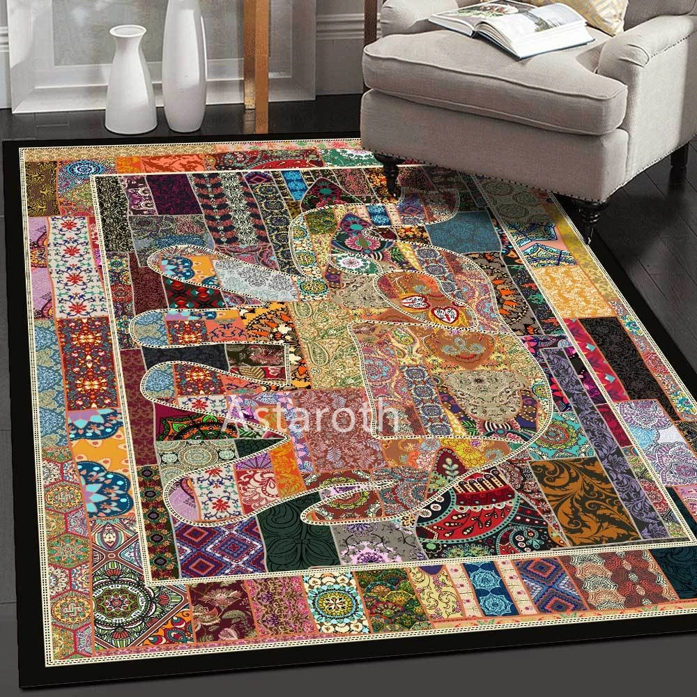 

American Retro Imitation Embroidery Printing Stitching Elephant Carpet Living Room Rug Bohemian Decoration Bedroom Bedside Mat