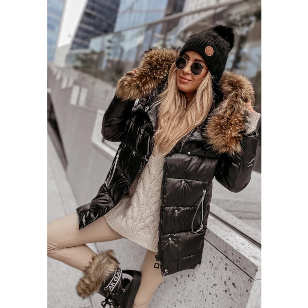

Winter Warm Zipper Coat 2022 Women Faux Fur Wool Collar Parka Fashion New Bright Thick Overcoat Hoodies Cotton Down Jackets