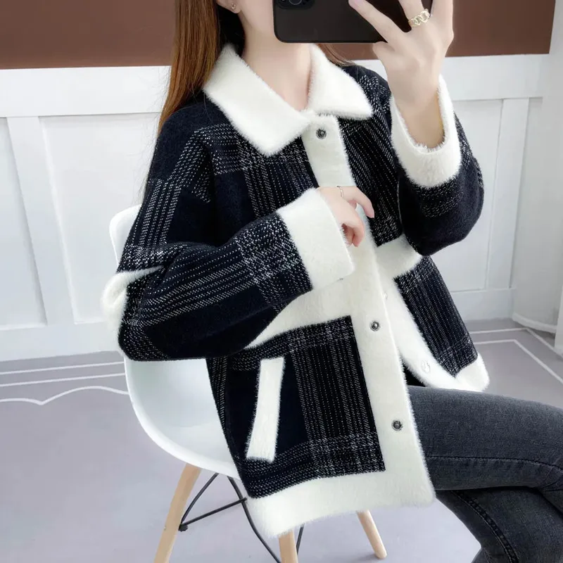 

Korean Style Imitation Mink Fleece Sweater Coat Women Autumn Winter Loose 2022 New Lapel Pocket Cardigan Casual Patchwork Jacket