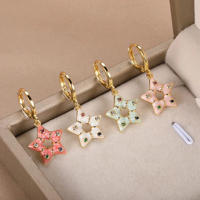

1Pair Cute Star Earrings For Women Sister's Birthday Party Drop Earrings Piercing Jewelry Drip Oil Enamel Zircon Ear Accessories